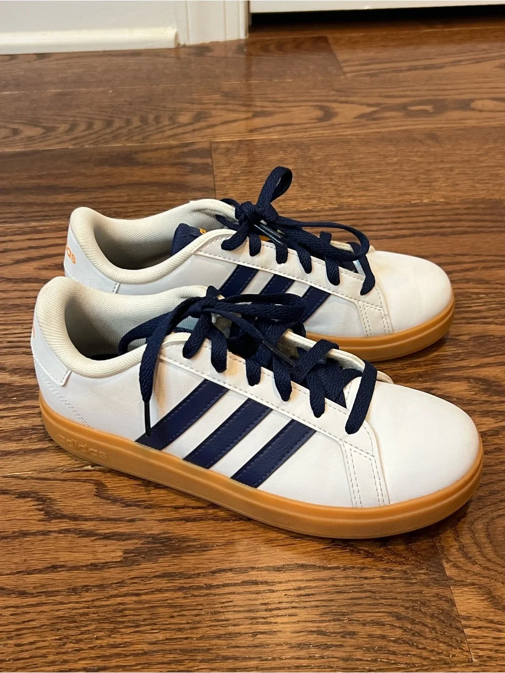 adidas White and Navy Leather Sneakers with Gum Outsole